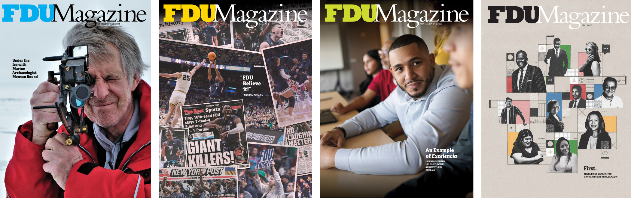 A collage of the four most recent FDU Magazine covers.