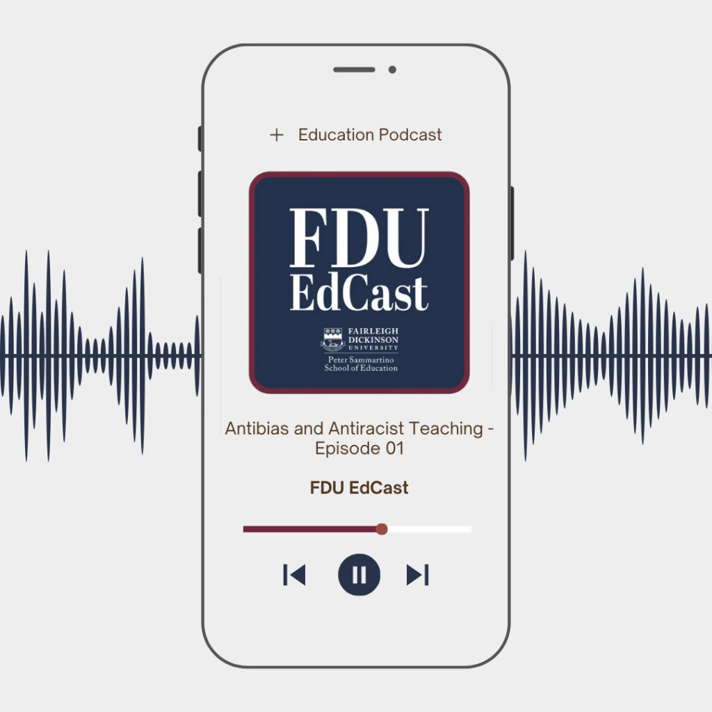 Promotional art for the School of Education podcast shows the outline of a smartphone and the episode display.