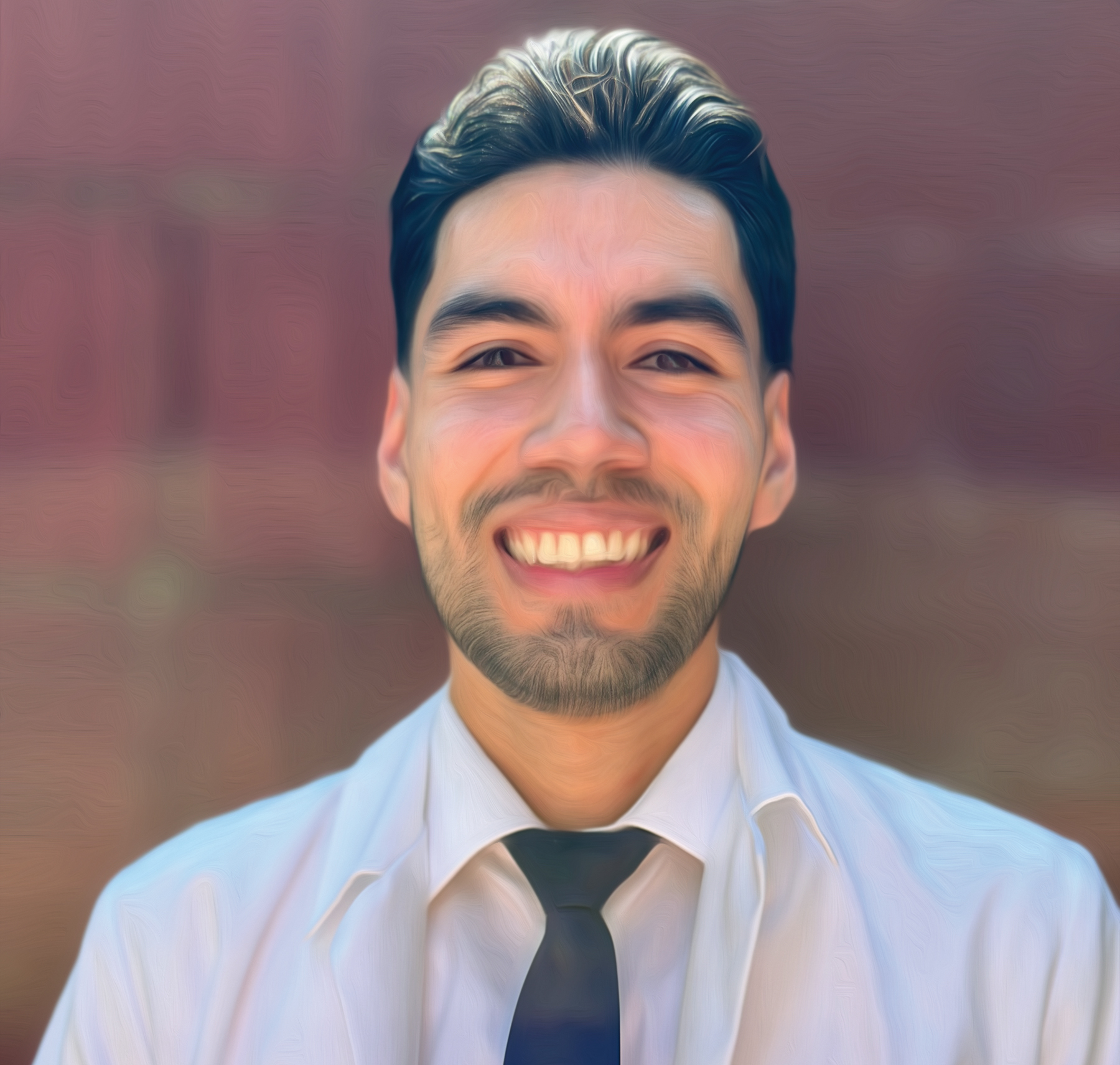A young man wears a white coat.
