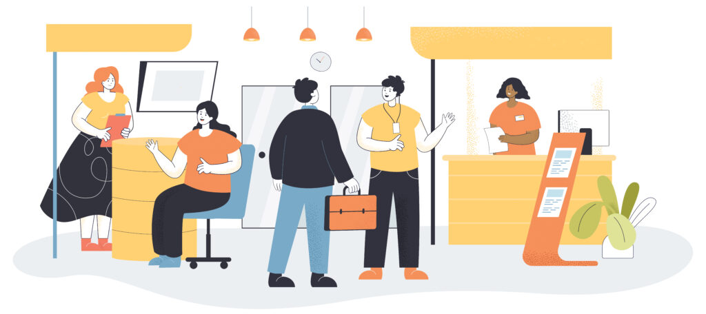 Illustration : Business exhibition with visitors and expo workers. People visiting company presentation, exposition or show of products flat vector illustration. Tradeshow, marketing event in business center concept