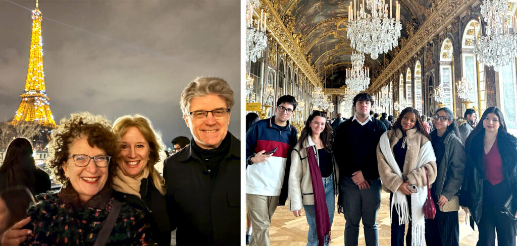 Left photo: Silberman staff and faculty in front of Eiffel Tower
Right photo: Students in Hall of Mirrors