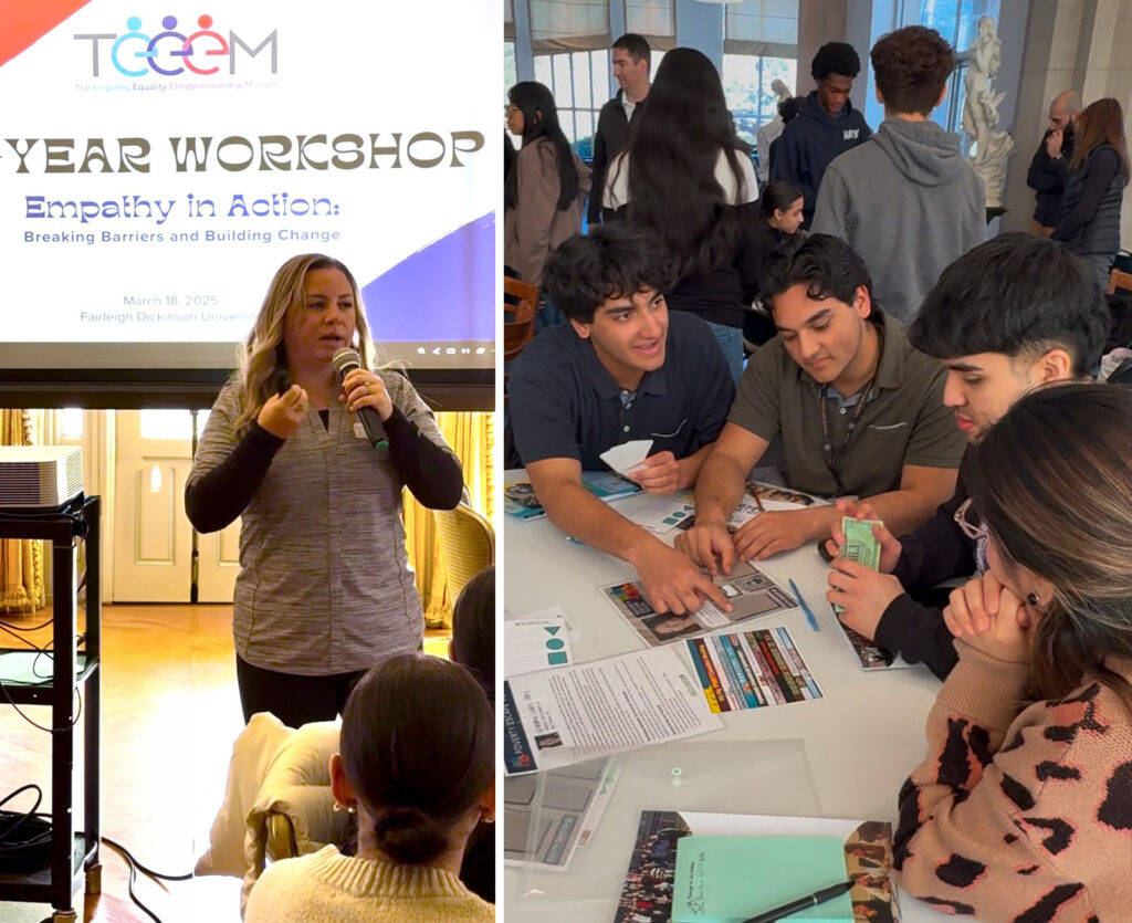 Left photo: Woman presenting at podium
Right photo: Group of students discussing