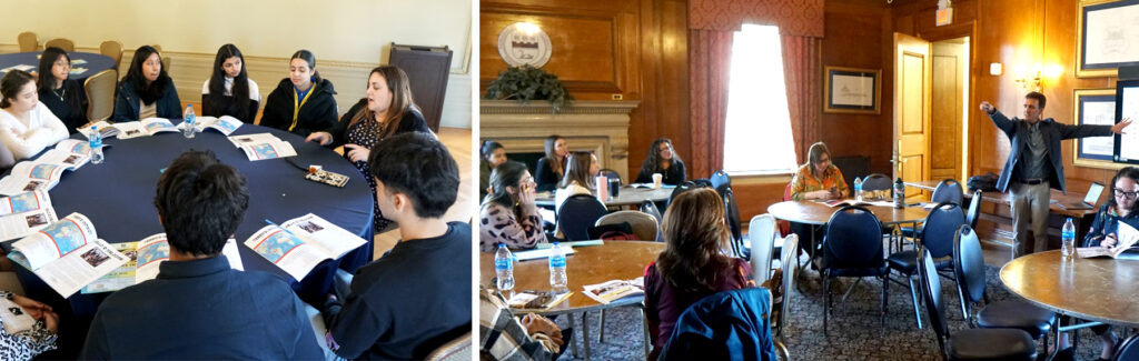 Left photo: Discussing around a table. Right photo: Presenter with an audience