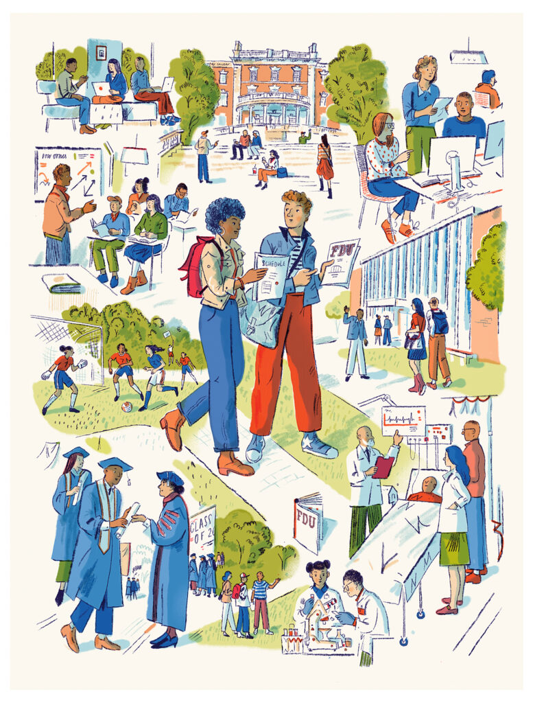An illustration shows various vignettes depicting college life: athletics, classrooms, research, students chatting and connecting and graduating students.