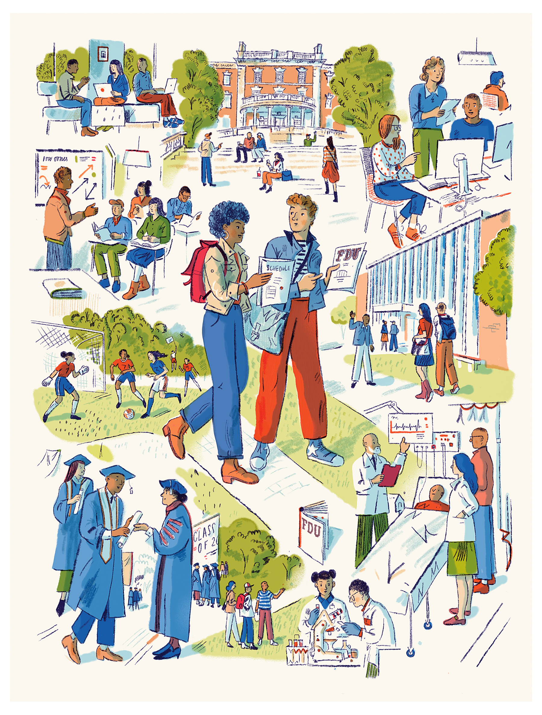 An illustration shows various vignettes depicting college life: athletics, classrooms, research, students chatting and connecting and graduating students. 