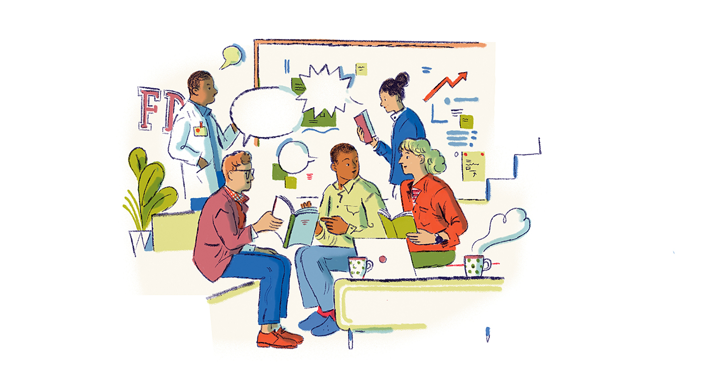 An illustration of students and faculty in a college classroom.