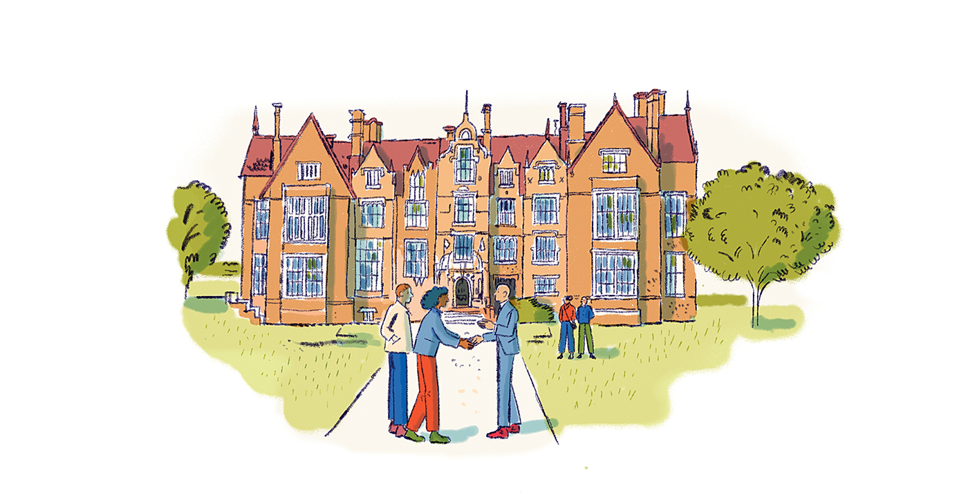 An illustration of Wroxton Abbey with students chatting in the foreground.