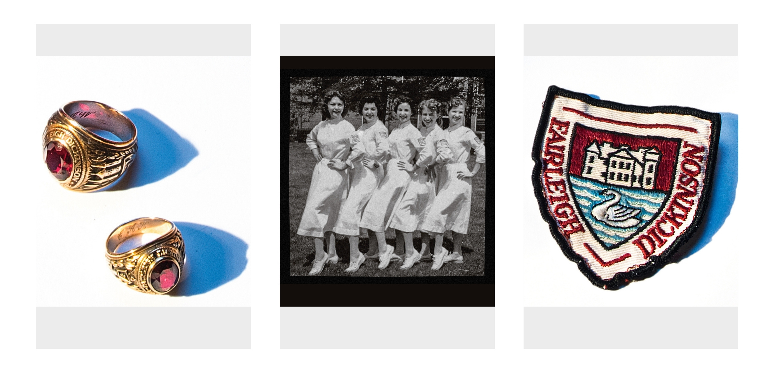 A collage trio of three objects: class rings, a vintage photo and an FDU patch.