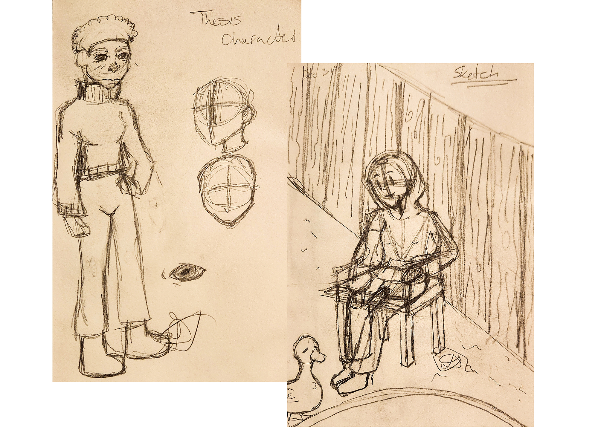 Two sketches done on off-white paper with pencil.