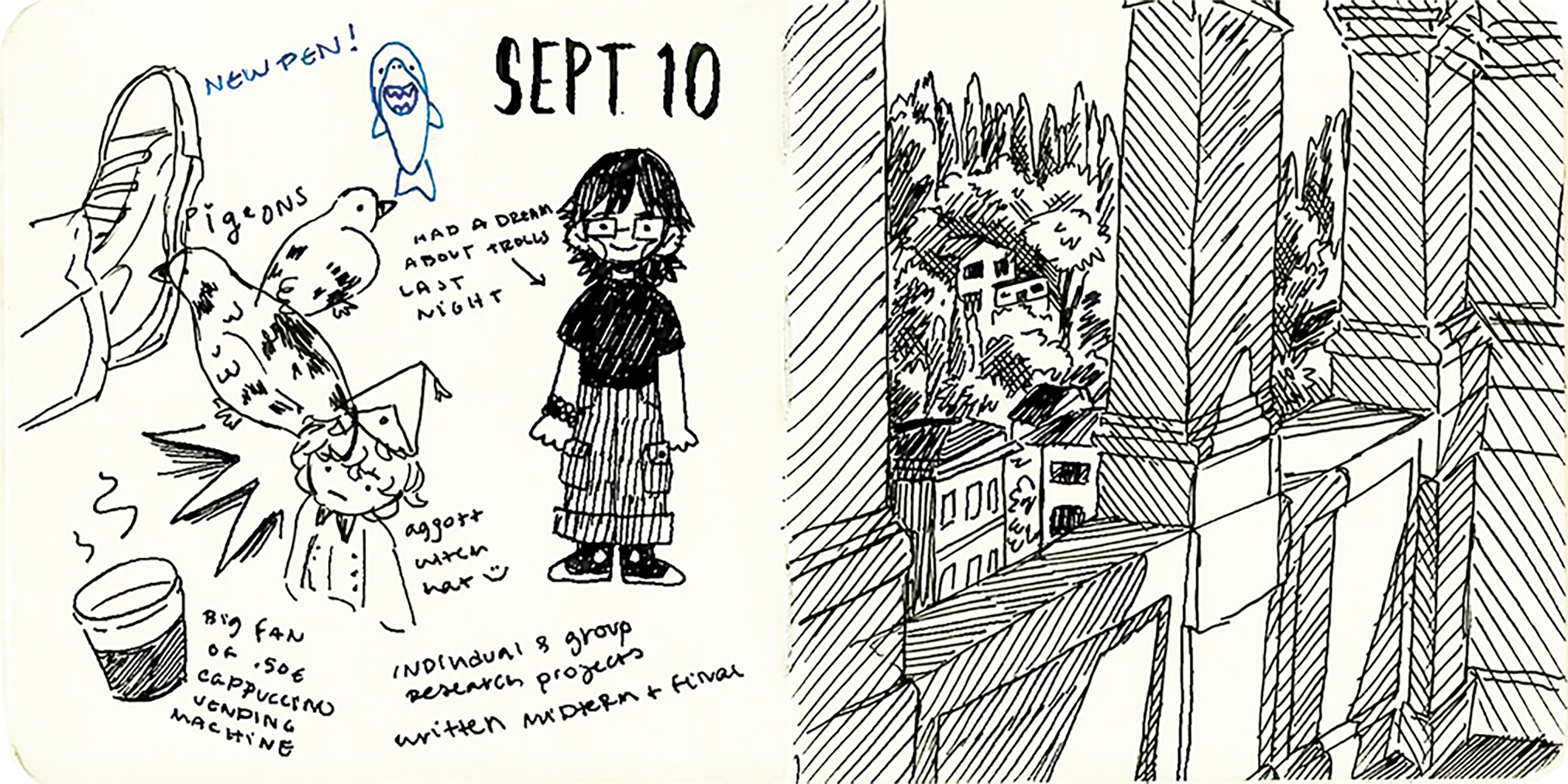 Doodles and a sketch of a landscape and rooftop.