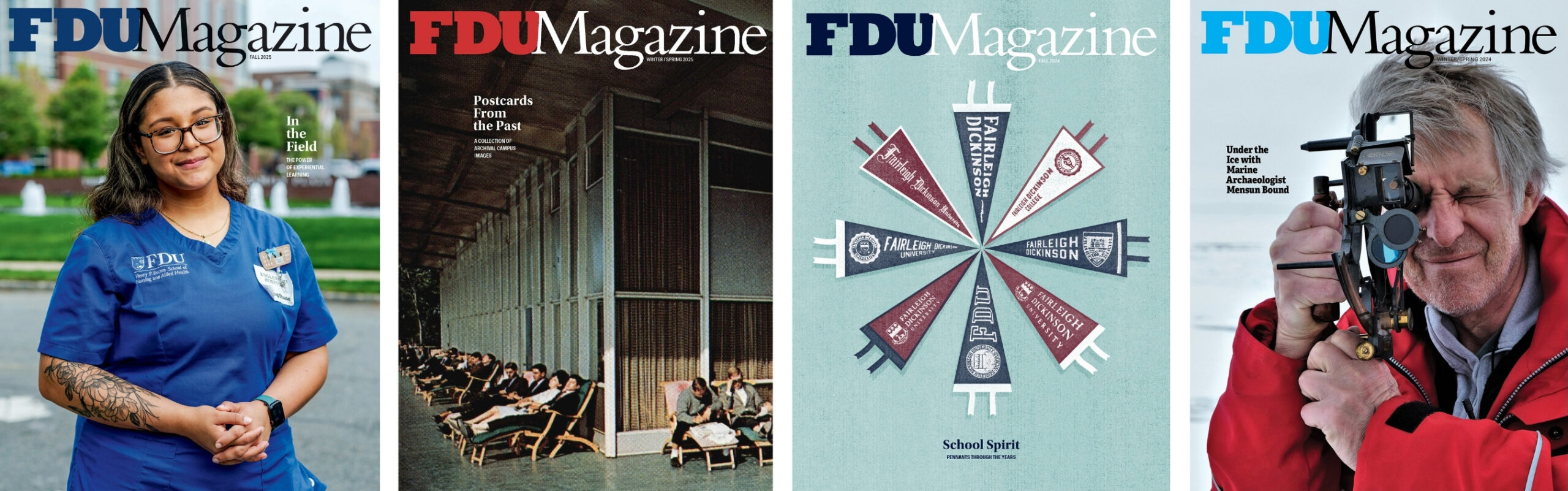 A collage of the four most recent FDU Magazine covers.