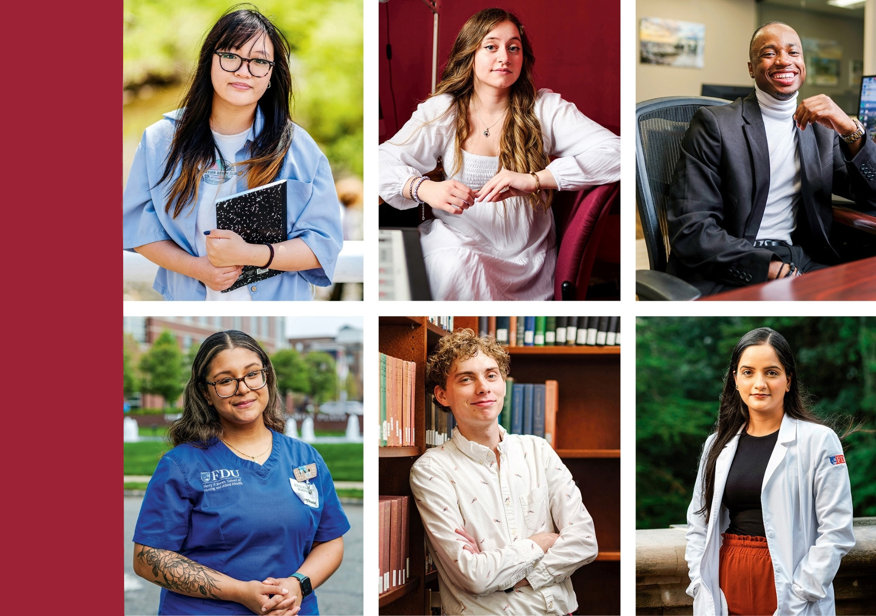 A collage of six images showing three female and three male people working in the field.