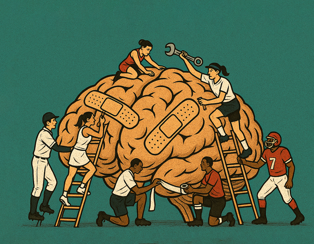 An AI-generated image of a brain with people doing upkeep on it.
