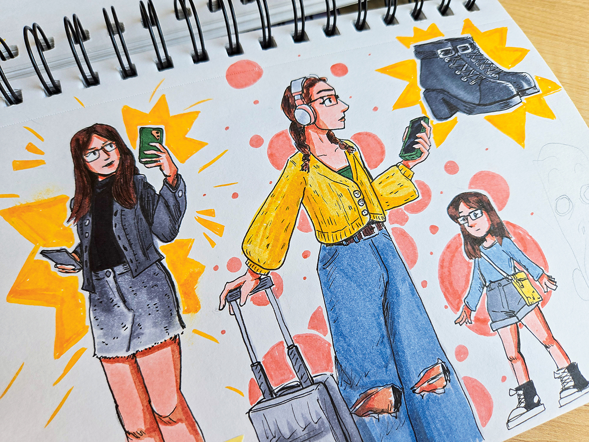 A sketchbook filled with colorful drawings of women in bright outfits.