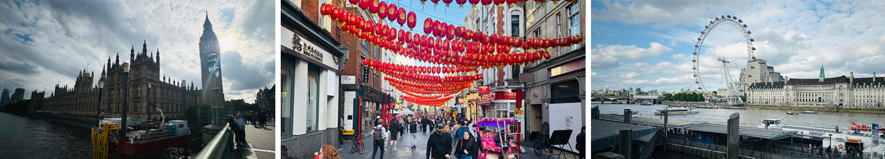 Three photos, from left, of Big Ben, Chinatown and London Eye