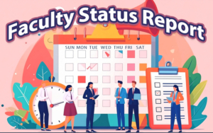 Graphic art of people in front of calendar, clipboard and clock