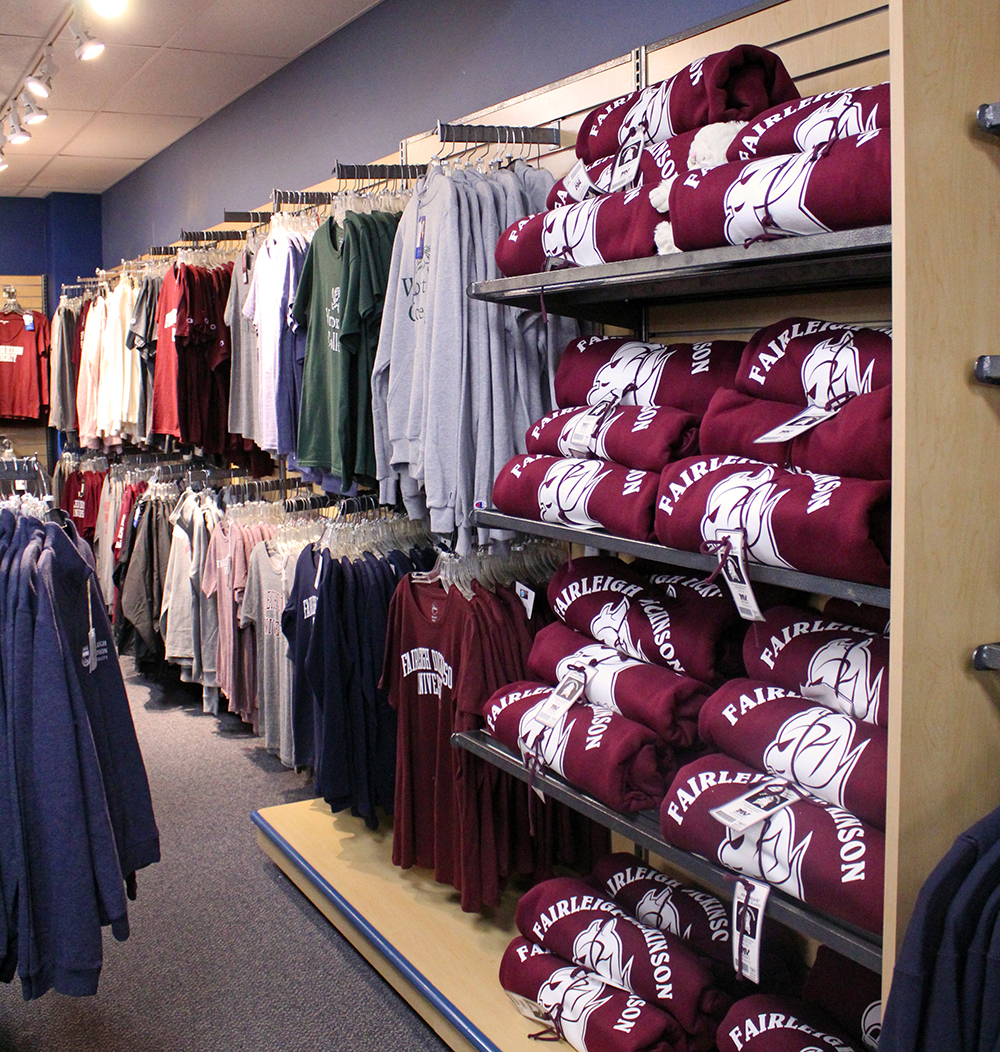 Clothes and blankets in the FDU bookstore.