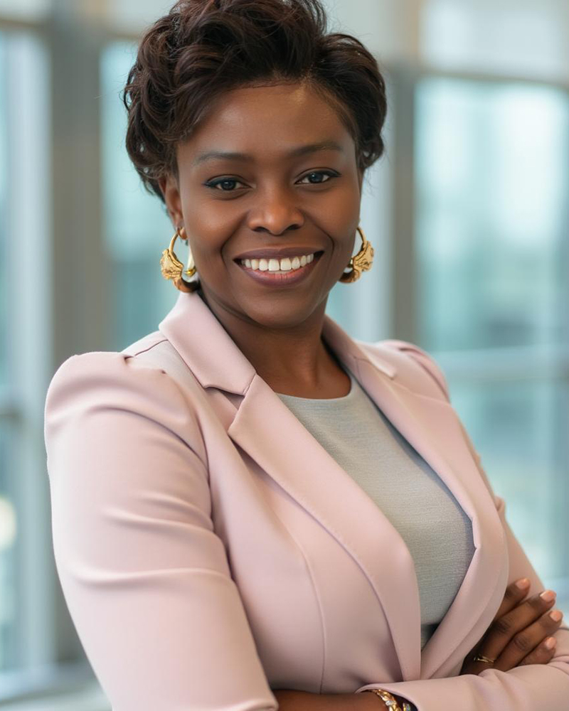 a portrait of a woman. she wears a pink blazer and crosses her arms.