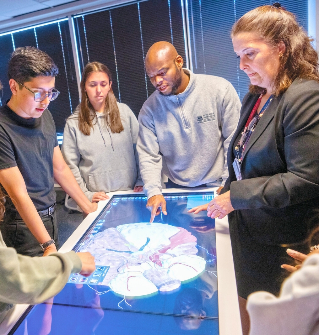 college students and a professor examine a digital model of a brain.
