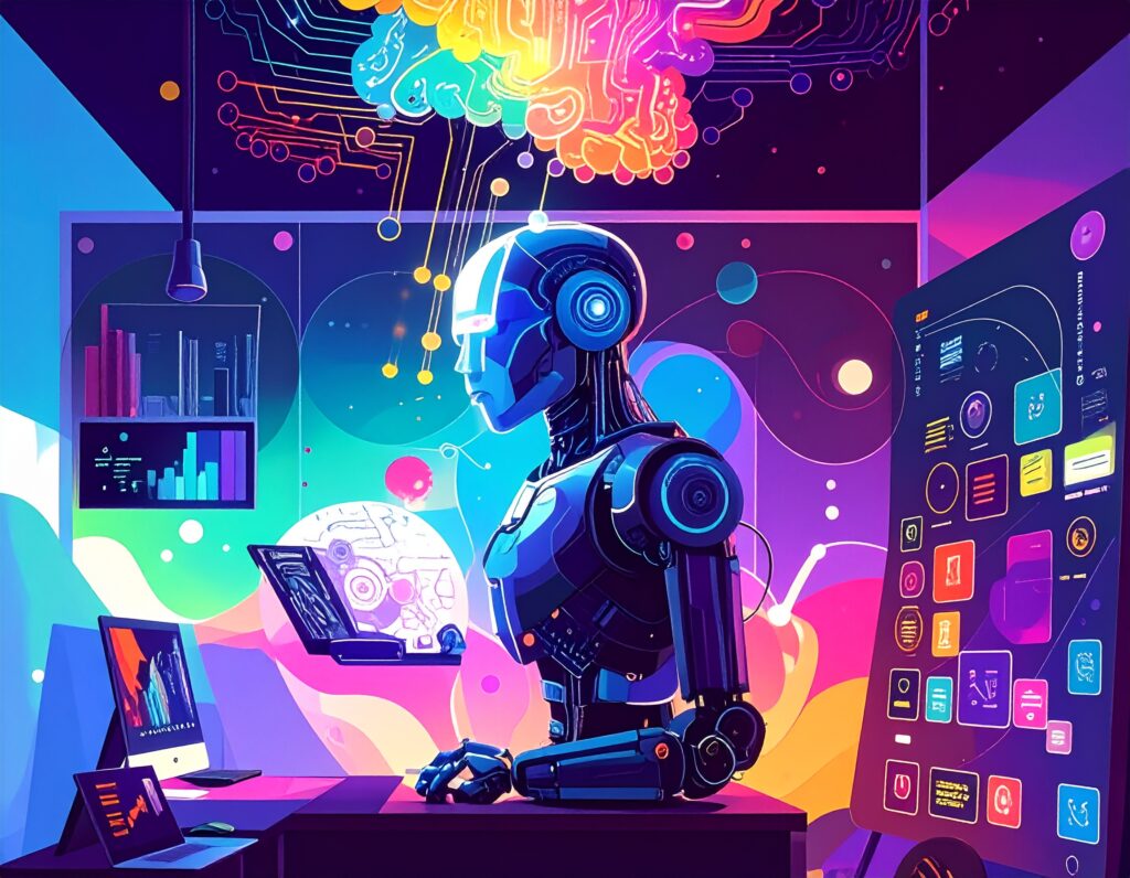 Clipart image of robot in front of laptop