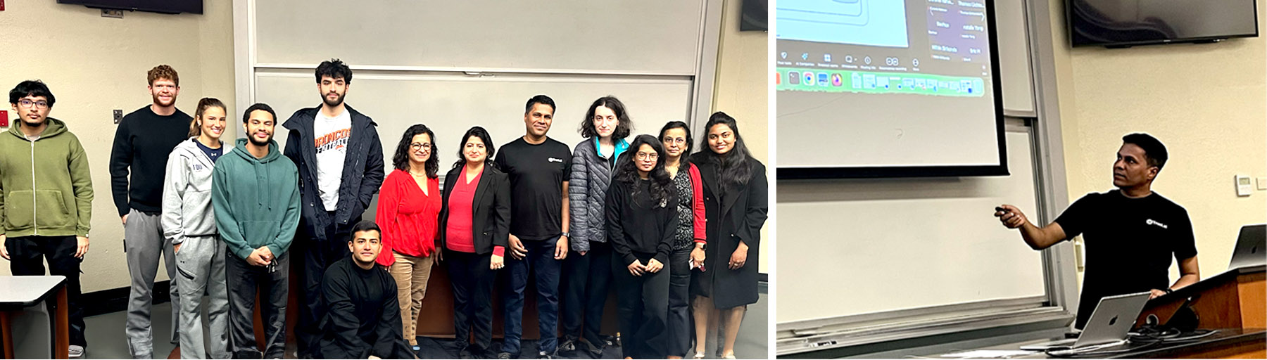 Left photo: Group of faculty and students Right photo: Speaker in front of screen
