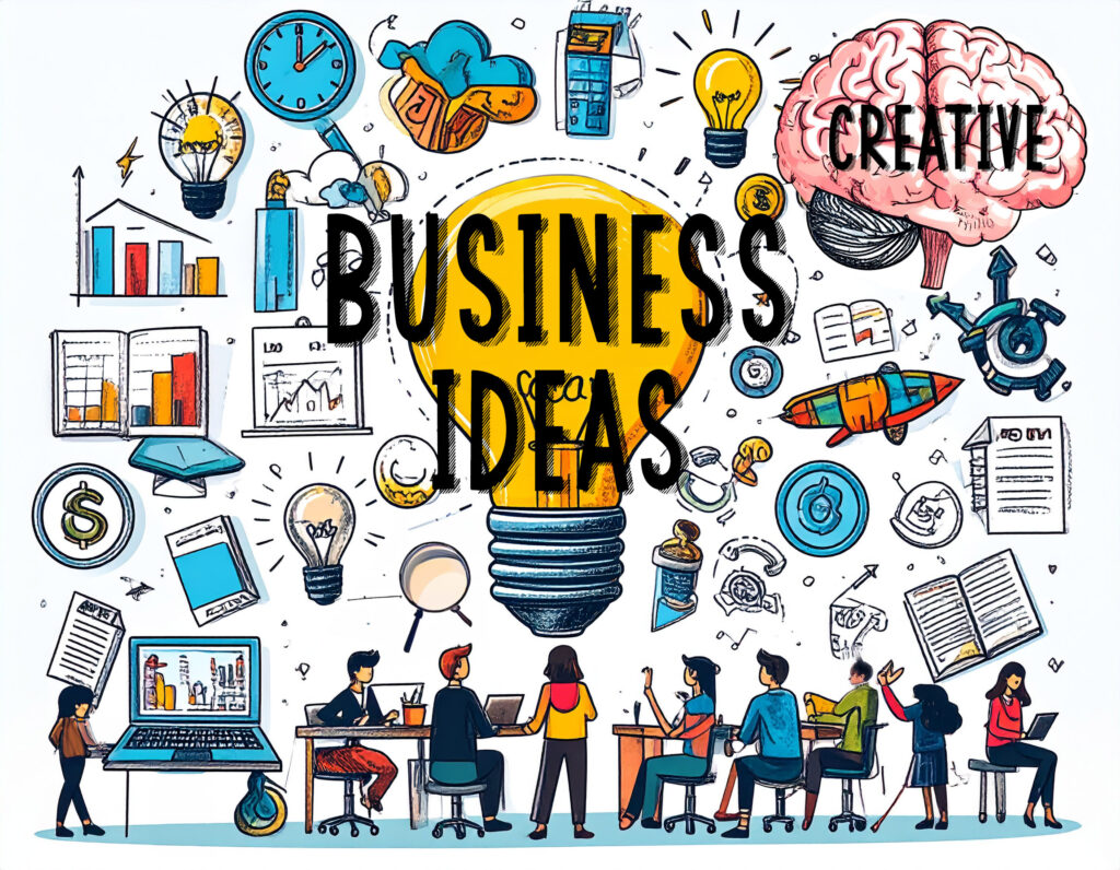 Clipart image of light bulb and miscellaneous images with Business Ideas text
