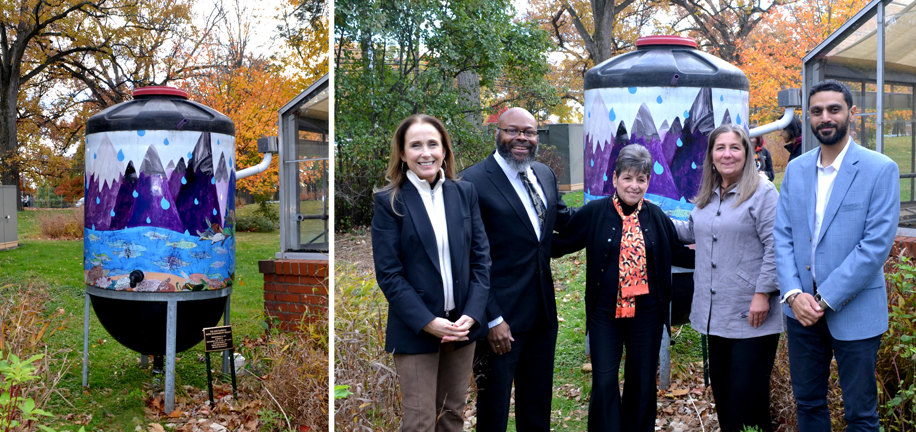 Rain barrel on the left. Right photo has five people smiling in front of rain barrel.