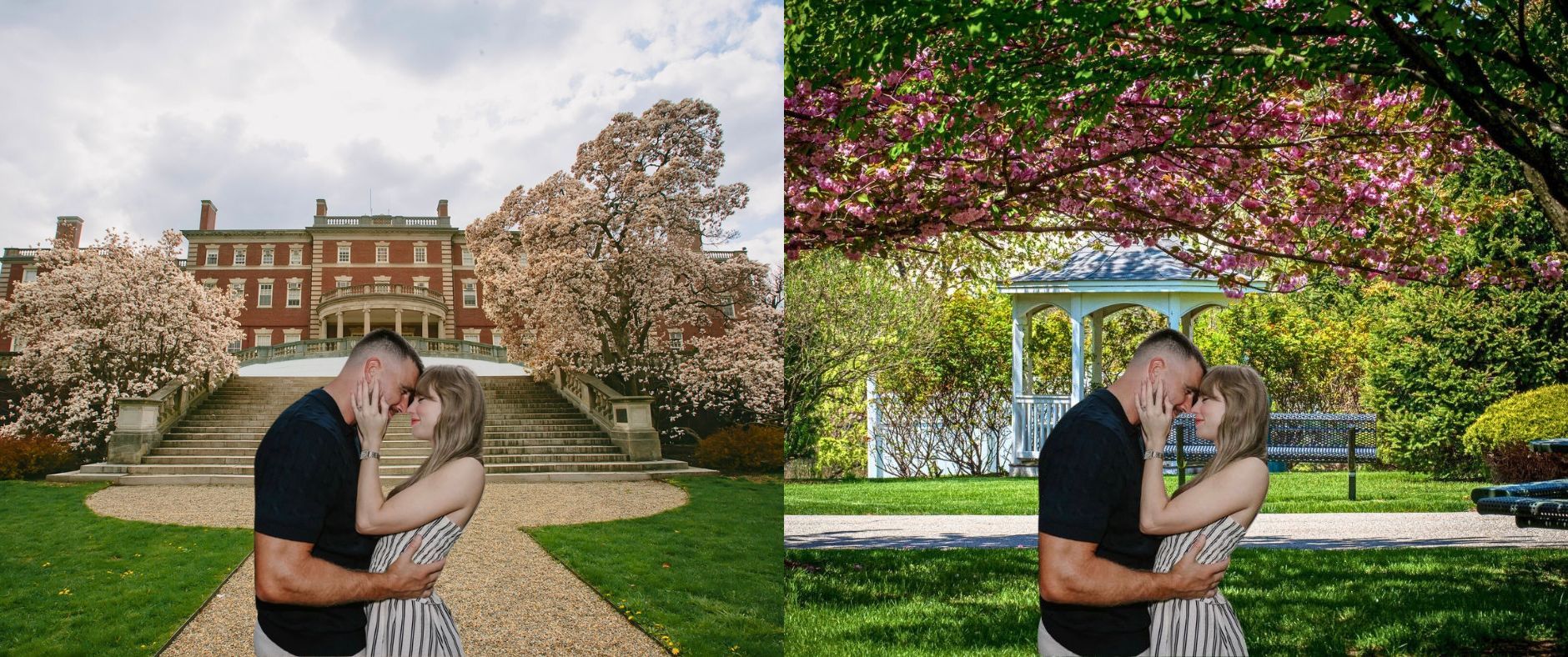two photos next to each other. Taylor Swift and Travis Kelce's engagement photo. The couple is photoshopped onto FDU's Florham Campus and Metropolitan Campus.