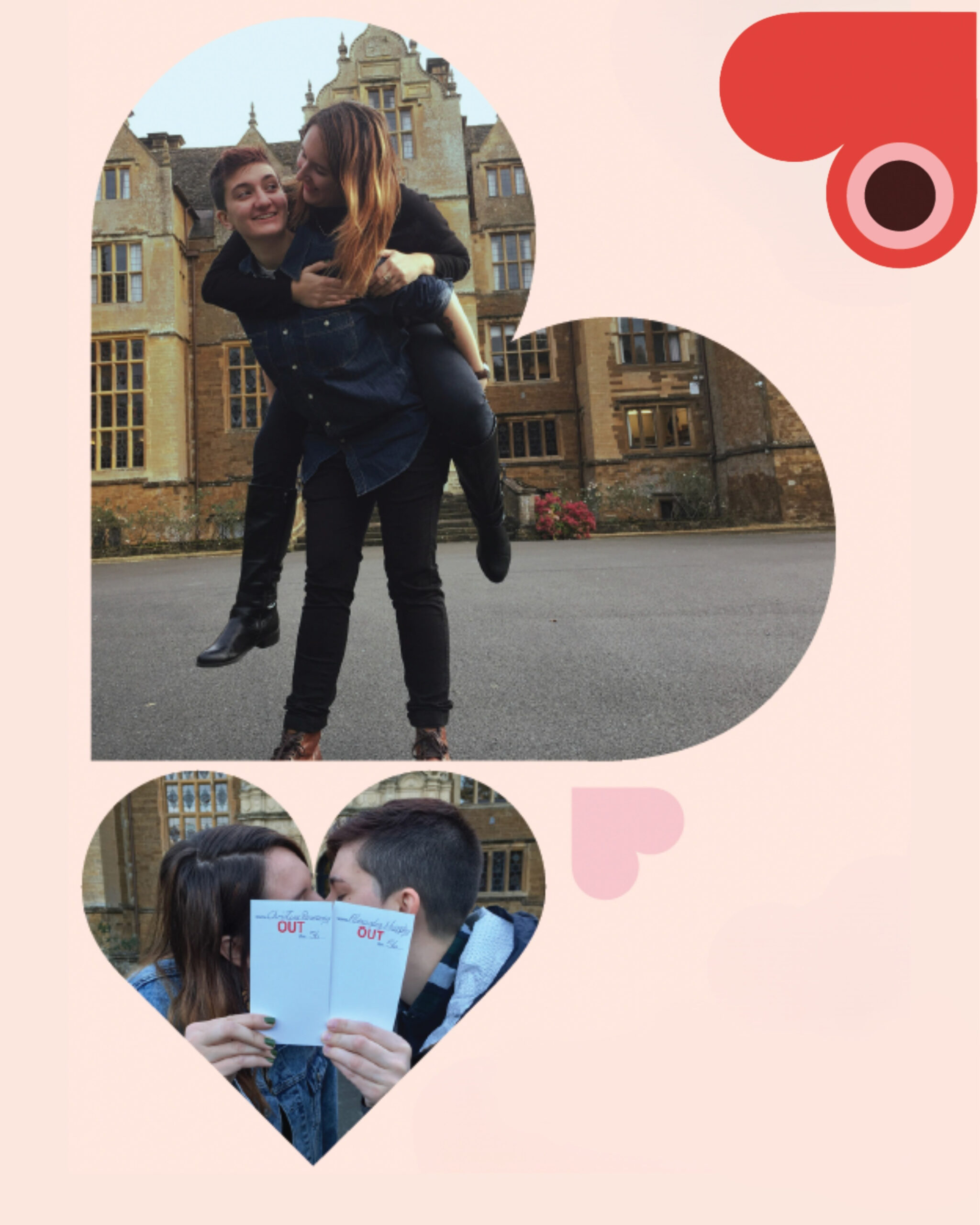 A valentine shows a couple framed in a heart. In one photo, a woman gets a piggyback ride. In another, they kiss.