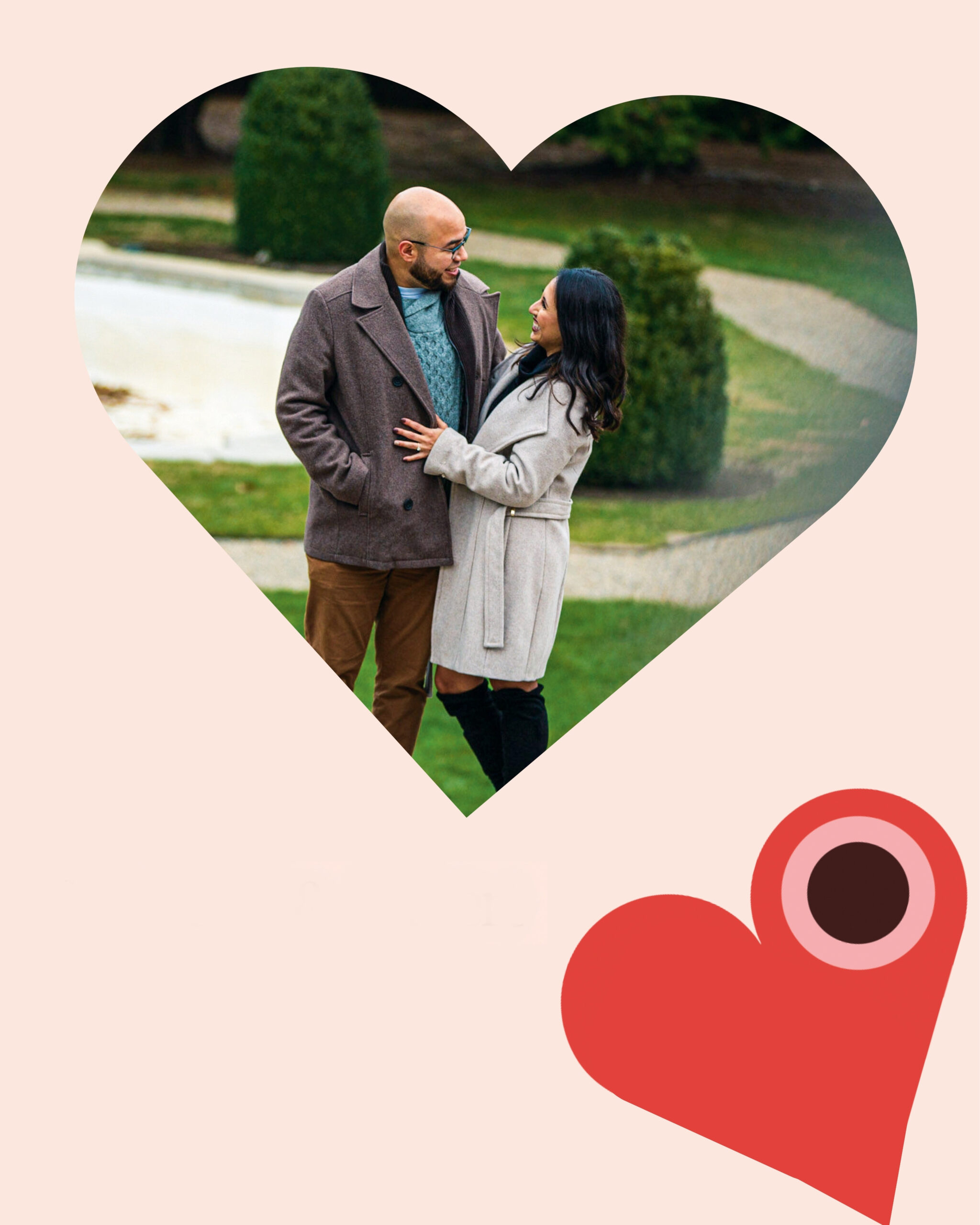 A valentine shows a couple embracing outside, framed in a heart.
