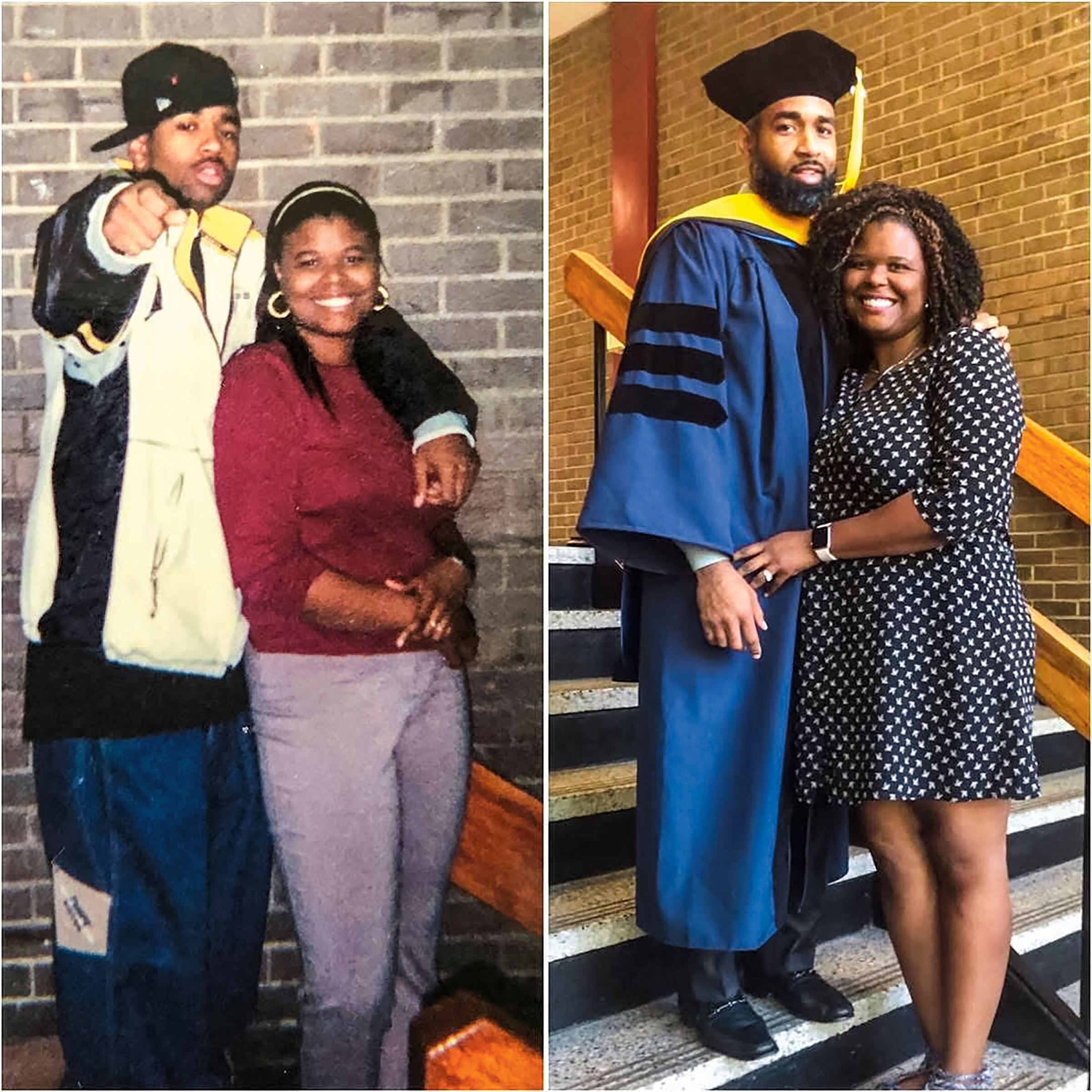 A young couple, then and now, who fell in love in college. They wear casual clothes in one photo and the man wears a cap and gown in the other.