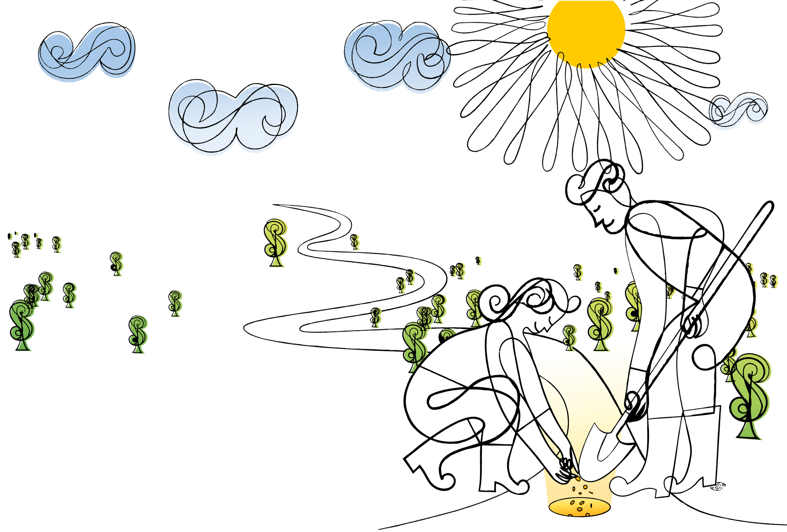 An illustration shows students planting and growing money.