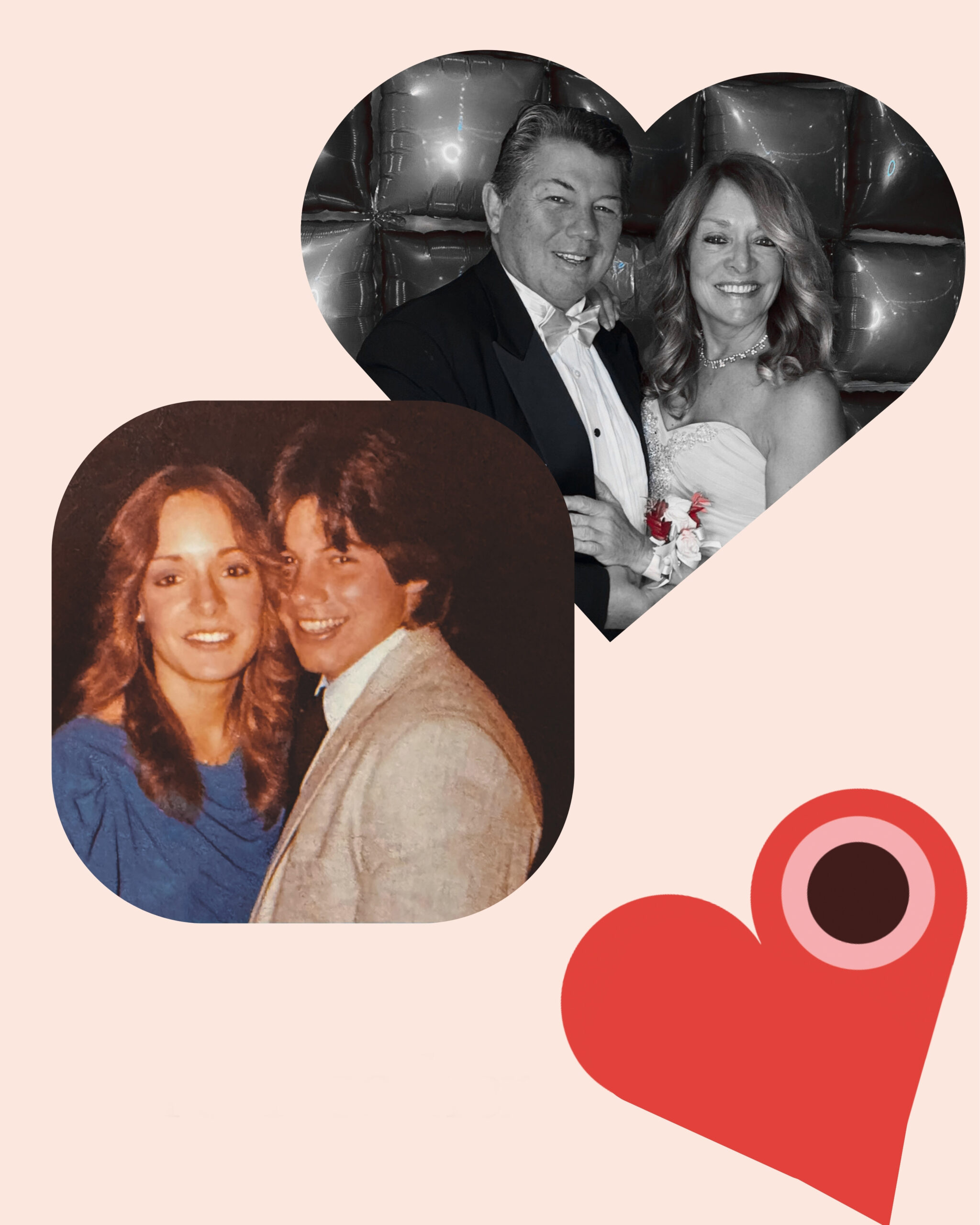 A valentine shows a couple framed in a heart and a flashback photo of them from the 1980s.