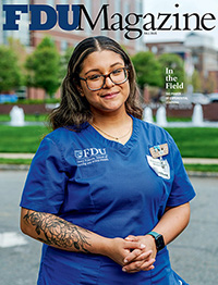 A nurse on the cover of FDU Magazine.