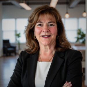 Woman wearing a black blazer and white blouse