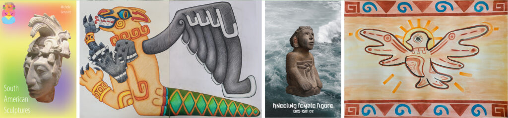 Four photos of sculptures and drawings