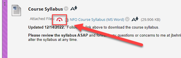 Screenshot of a course page showing a "Course Syllabus" content item with an attached Microsoft Word file labeled "NFO Course Syllabus (MS Word)." A red box and arrow highlight a small accessibility indicator icon next to the attached file name.
