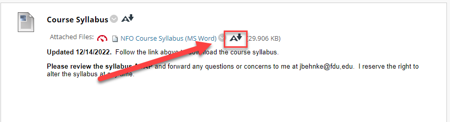Screenshot of a course page showing a "Course Syllabus" content item with an attached Microsoft Word file labeled "NFO Course Syllabus (MS Word)." A red box and arrow highlight the "A+" accessibility score button located next to the attached file name.