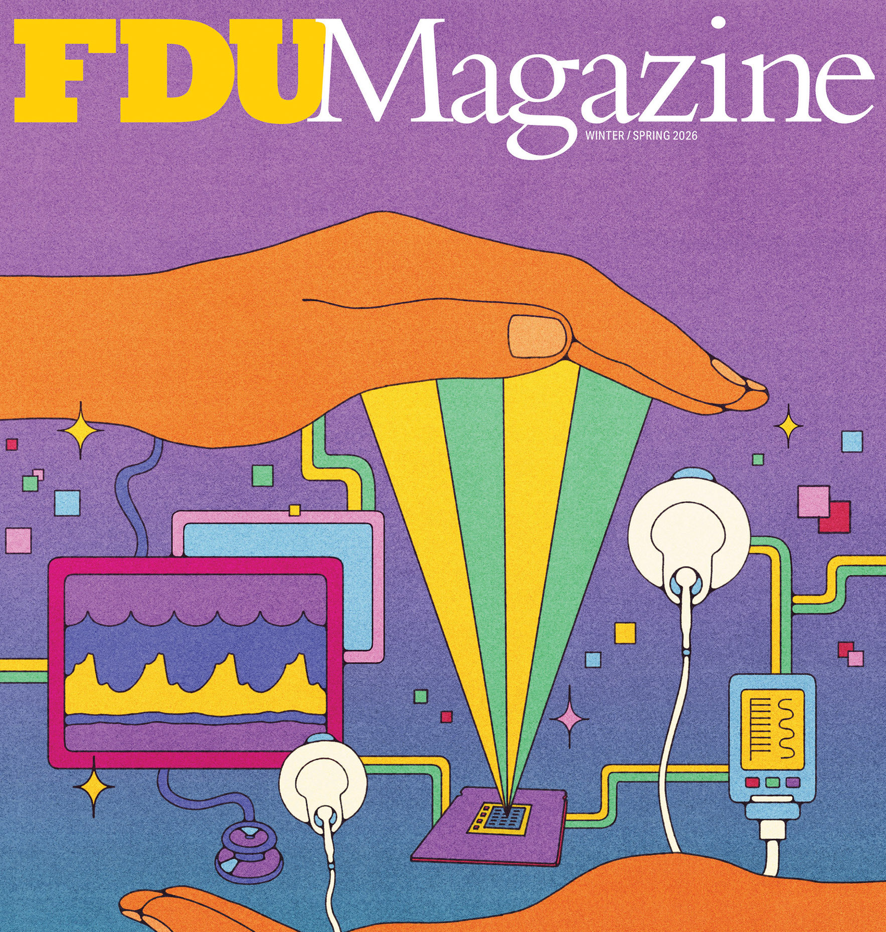 On the cover of FDU Magazine: an illustration shows the intersection of AI and human connection.