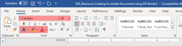 Screenshot of Microsoft Word's Home tab ribbon with the Font group highlighted, showing the font name field displaying "Cambria" and font size set to 26, with the font color button outlined in red indicating a selected font color setting.