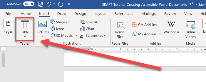 Screenshot of Microsoft Word's Insert tab ribbon, with a red box and arrow highlighting the "Table" button in the Tables group.