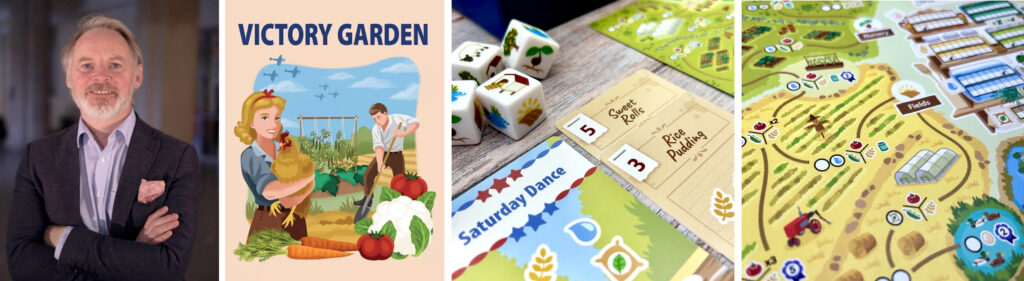 Headshot of man in suit and three images of board game