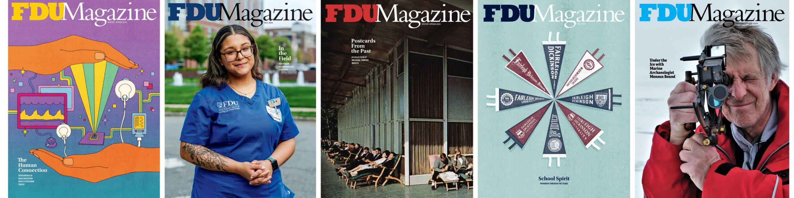 A collage of the four most recent FDU Magazine covers.