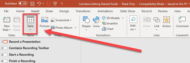 Screenshot of Microsoft PowerPoint's Insert tab ribbon in Outline View, with a red box and arrow highlighting the "Table" button in the Tables group.