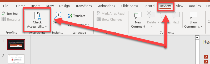 Screenshot of Microsoft PowerPoint's Review tab ribbon, with red boxes and arrows highlighting the "Review" tab and the "Check Accessibility" button in the Proofing/Accessibility group on the left side of the ribbon.