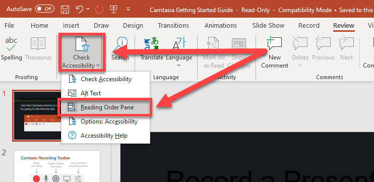 Screenshot of Microsoft PowerPoint's Review tab with the "Check Accessibility" dropdown menu open, showing options including Check Accessibility, Alt Text, Reading Order Pane, Options: Accessibility, and Accessibility Help. Red arrows and a red box highlight the "Check Accessibility" button and the "Reading Order Pane" menu option.