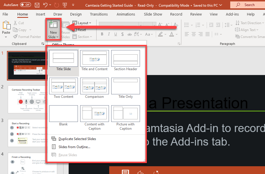 Screenshot of Microsoft PowerPoint's Home tab with the "New Slide" dropdown menu open, highlighted by a red box. The menu displays nine slide layout options: Title Slide, Title and Content, Section Header, Two Content, Comparison, Title Only, Blank, Content with Caption, and Picture with Caption, along with options to Duplicate Selected Slides, insert Slides from Outline, and Reuse Slides.