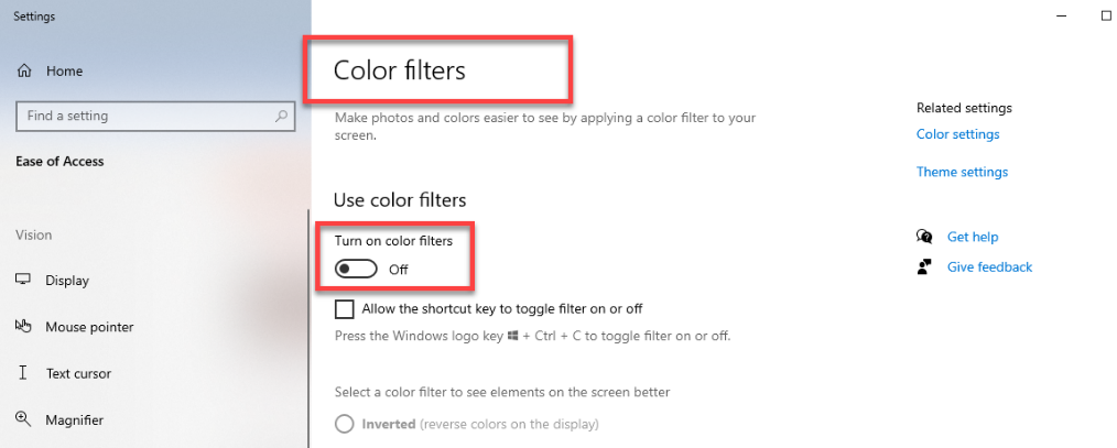 Screenshot of the Windows 10 Settings app showing the "Color filters" page under Ease of Access. Red boxes highlight the "Color filters" page heading and the "Turn on color filters" toggle switch, which is currently set to Off. The page includes options to allow a shortcut key to toggle the filter and color filter type selections such as Inverted.