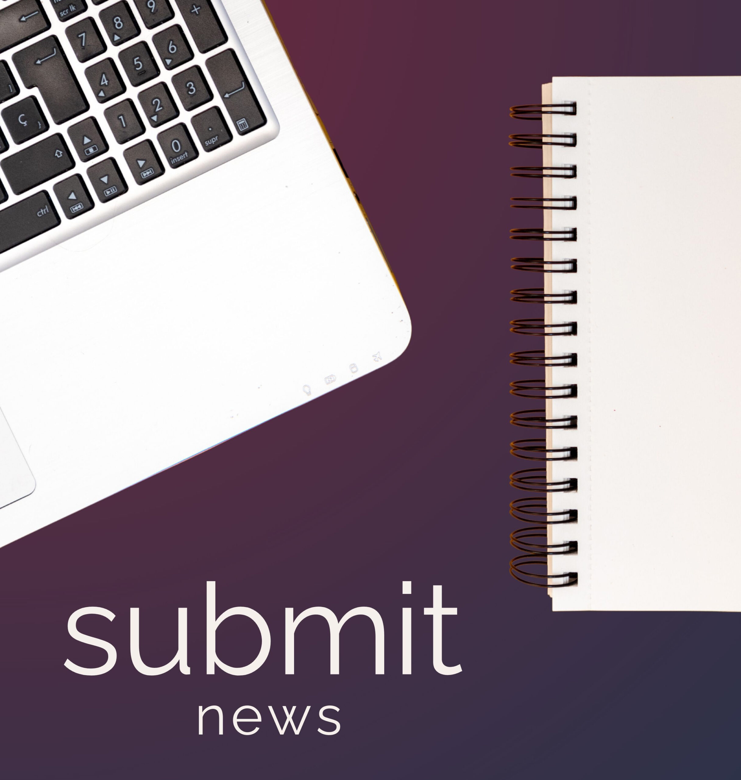 A laptop and open notebook on a burgundy and blue ombre background.