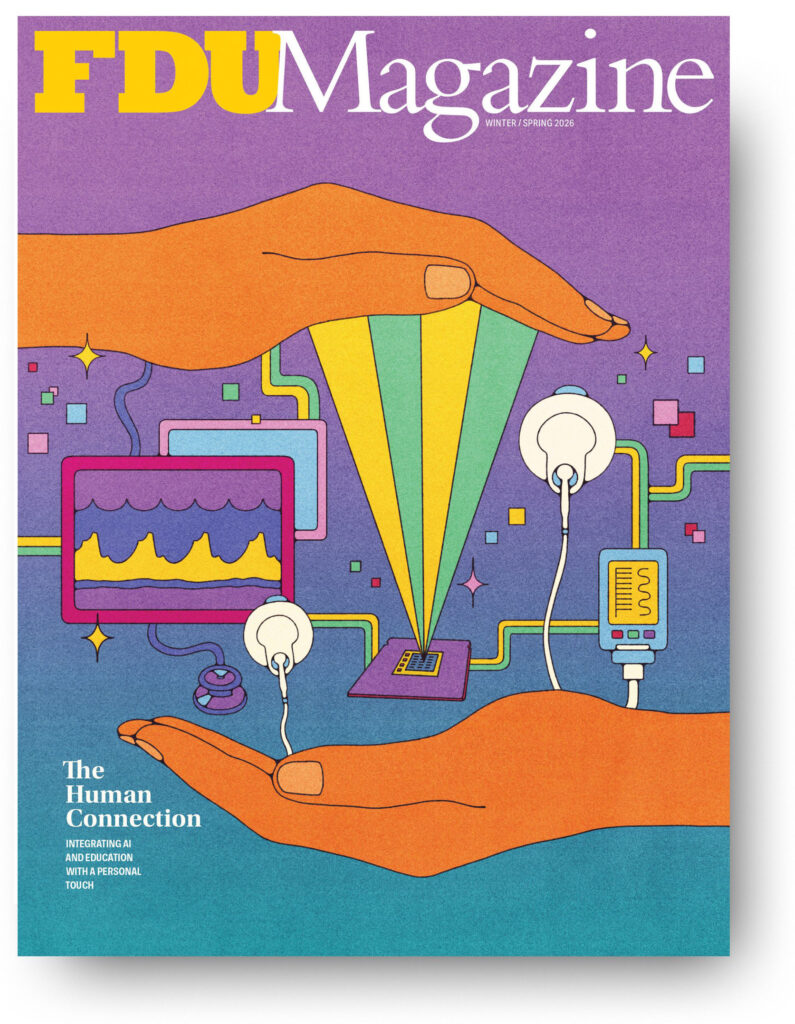 On the cover of FDU Magazine: an illustration shows the intersection of AI and human connection.
